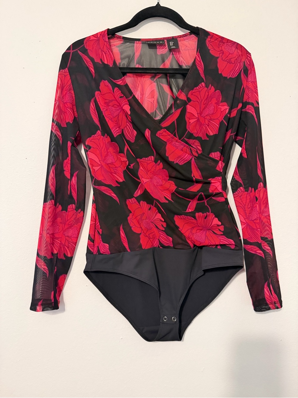 Tahari Mesh Floral Wrap-Style Bodysuit in Black & red